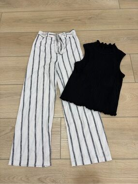 Girls Summer Resortwear Outfit White & Black Striped Wide-Leg Pants Black Tank